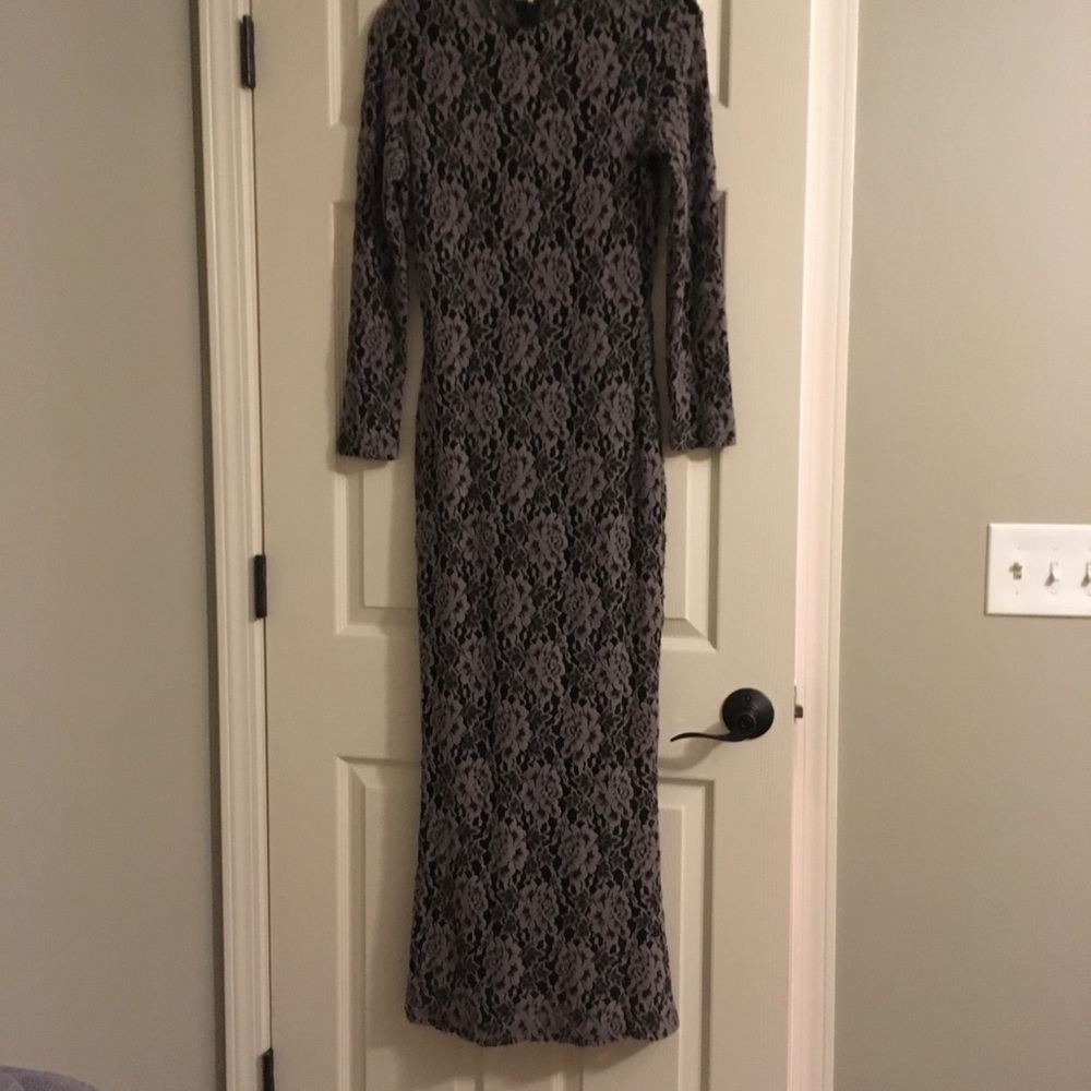 Badgley Mischka velvet lace black gray long dress